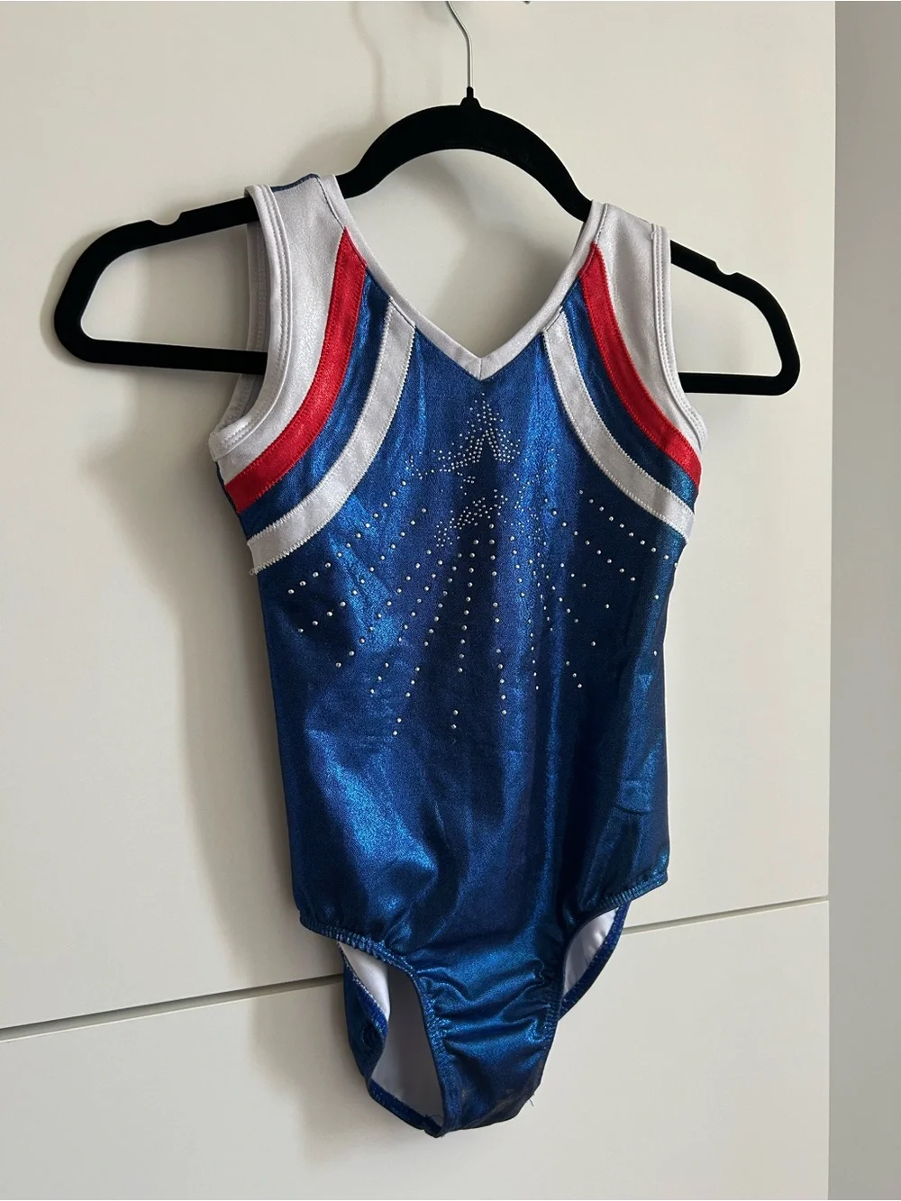 Girls Metallic Blue Gymnastics Leotard with Red & White Accents - Size 8